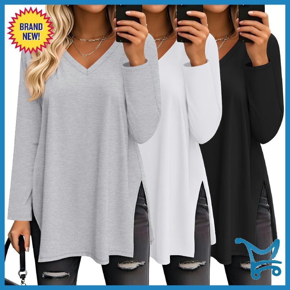 Oversized Long Sleeve V-Neck Tunic Tops 3 Pack Soft Fabric Loose Fit
